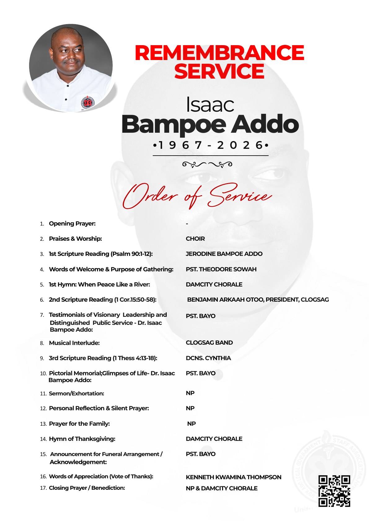 Order of service for the remembrance service of Isaac Bampoe Addo